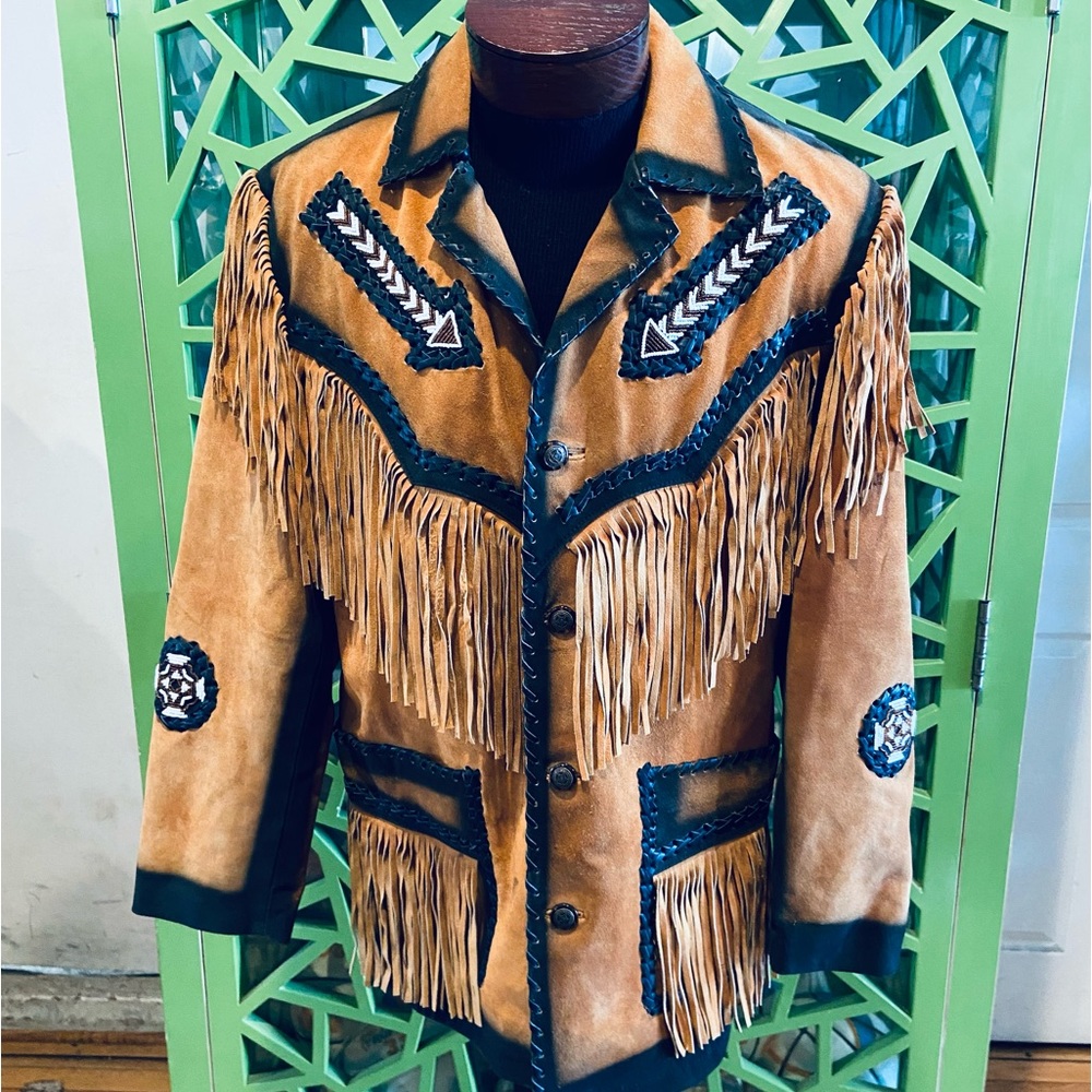 3B West by Tansmith Vintage Western Leather Jacket w/ Beading and Braiding